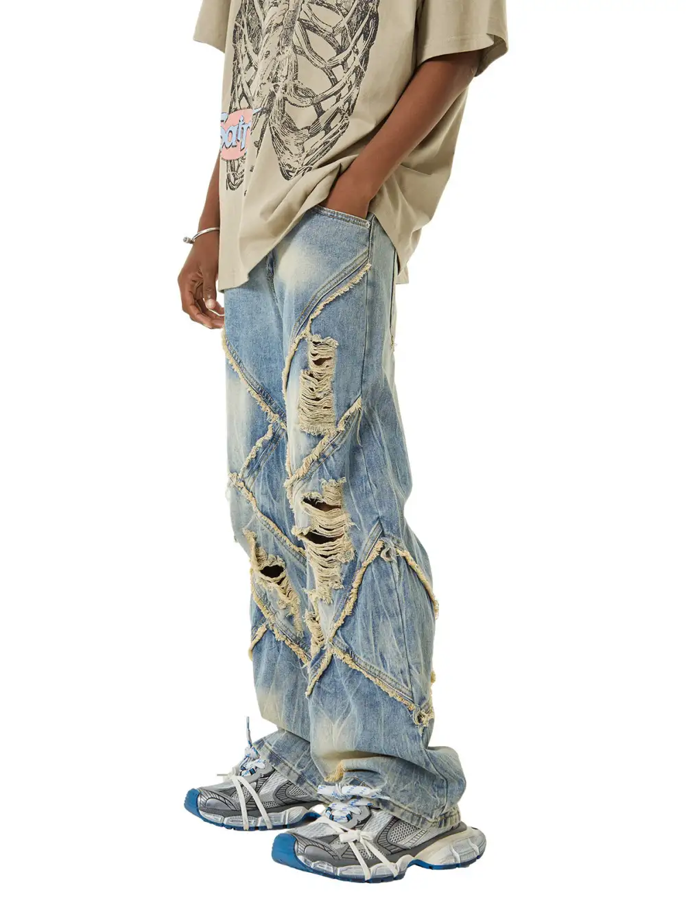 Heavy Washed Ripped Plaid Stitching Hip-Hop Jeans - 2174