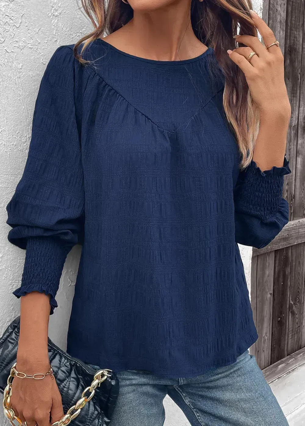 Navy Smocked Long Sleeve Round Neck Blouse