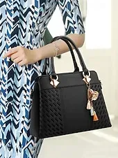 Women's Faux Leather Handbag with Tassel Charm and Textured Panels – Elegant Structured Shoulder Tote Bag for Office Work and Business Travel
