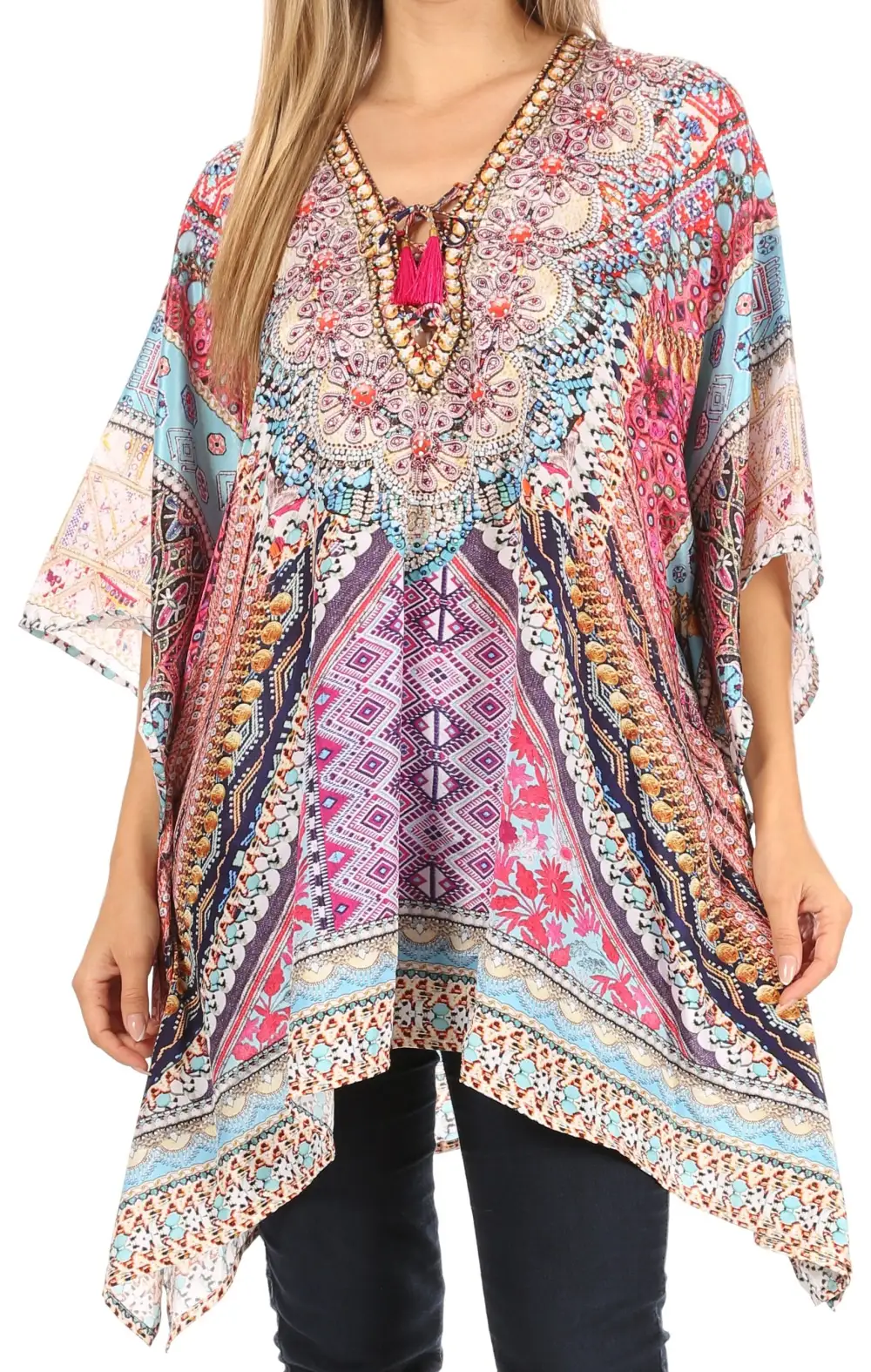 Women's Caftan Poncho Cover up V neck Top Lace up With Rhinestone