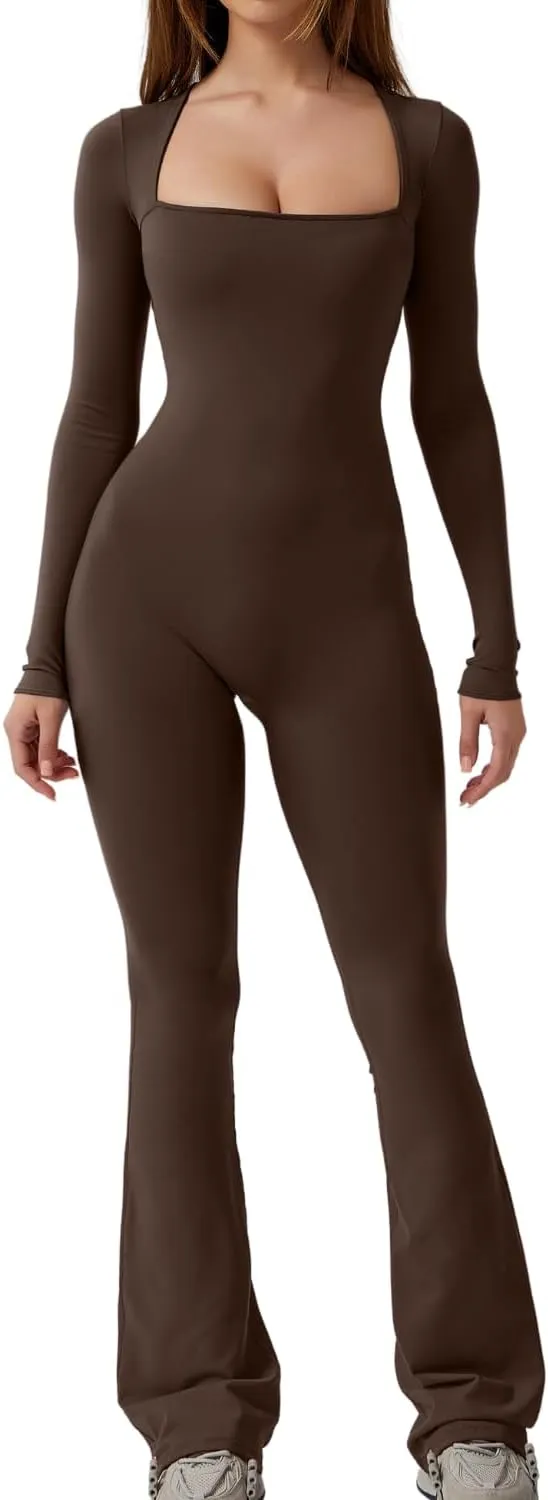 Long Sleeve Jumpsuits for Women Square Neck Wide Leg Full Length Romper Playsuit