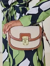 Women's Crossbody Bag – Vintage Leather Trim Small Shoulder Purse with Buckle Closure – Beige and Brown, Ideal for Daily Use and Travel