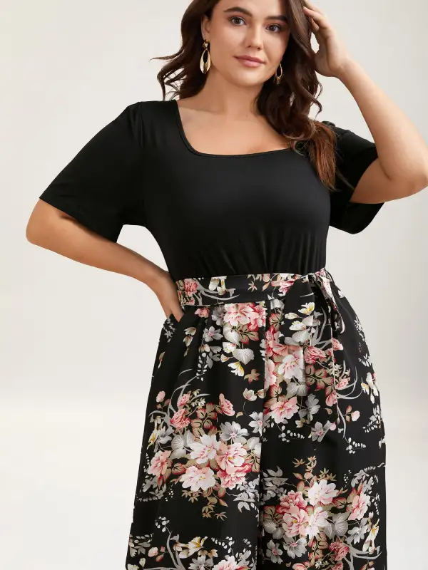 Color Contrast Belted Panel Pockets Jumpsuit