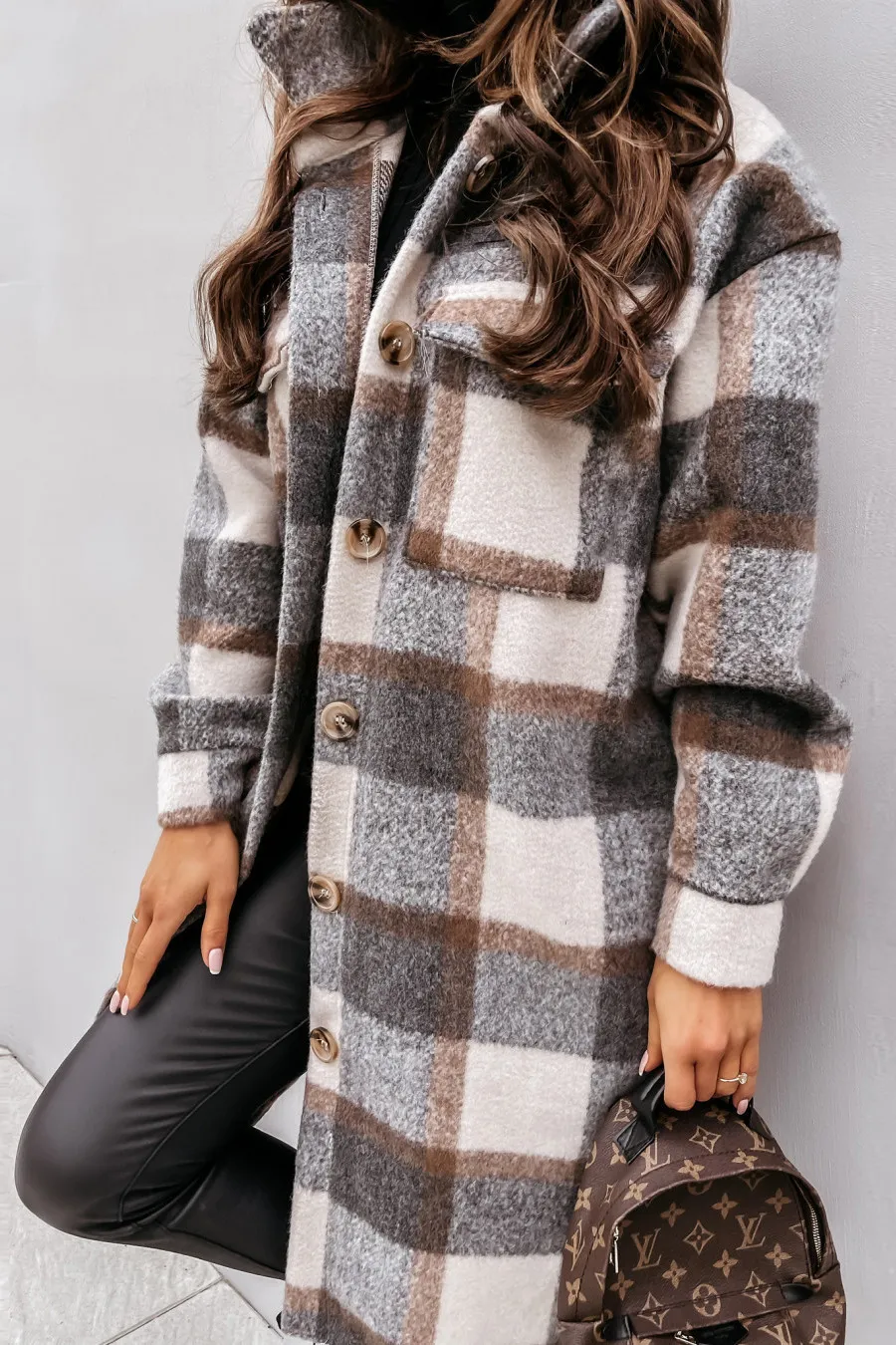 Shirt Collar Button Closure Plaid Coat