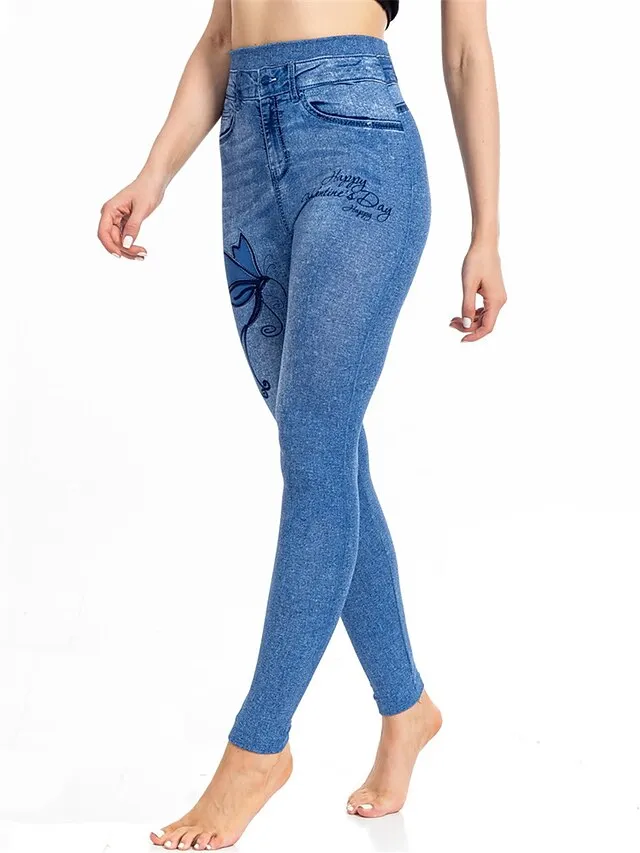 Women's Slim Pants Trousers Leggings Faux Denim Butterfly Pocket Print Full Length High Elasticity High Waist Fashion Streetwear Street Causal Lake Blue Royal Blue S M Summer Fall