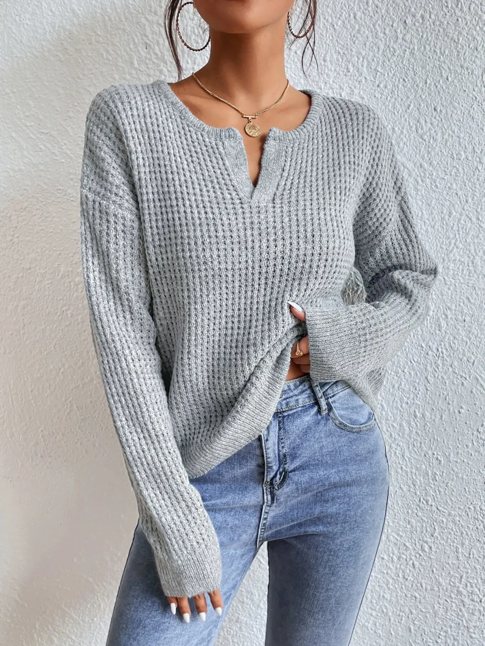 Frenchy Notched Neck Drop Shoulder Collar Detail Sweater