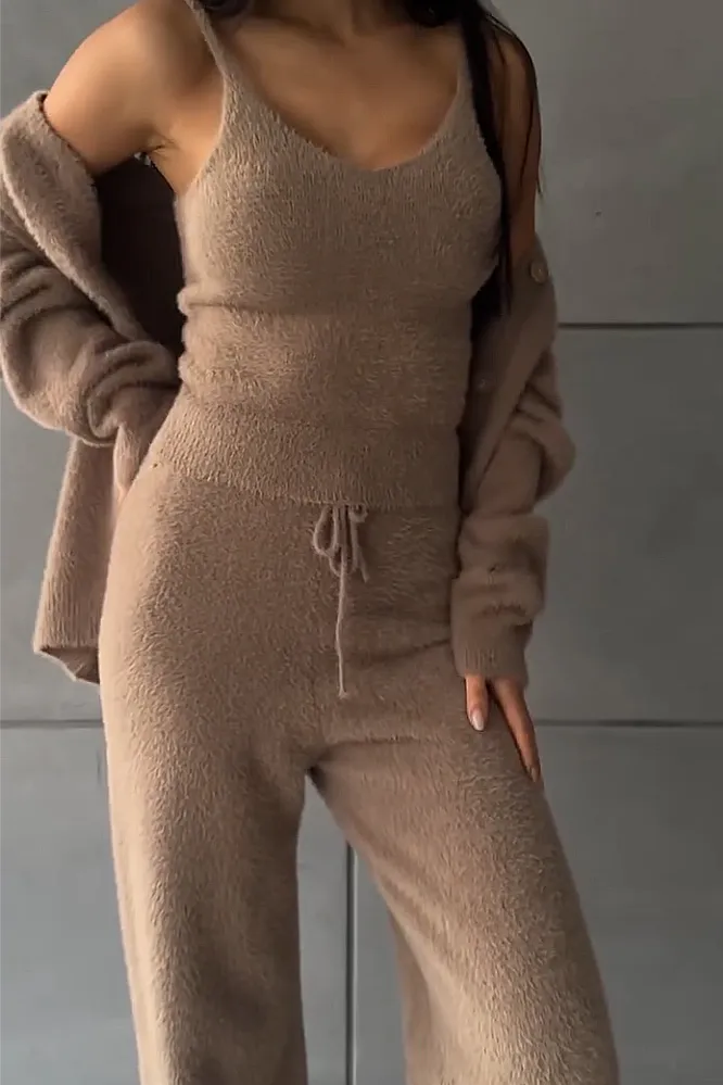 Women's Solid Color Warm Tank Top Pants 3-Piece Set Pants