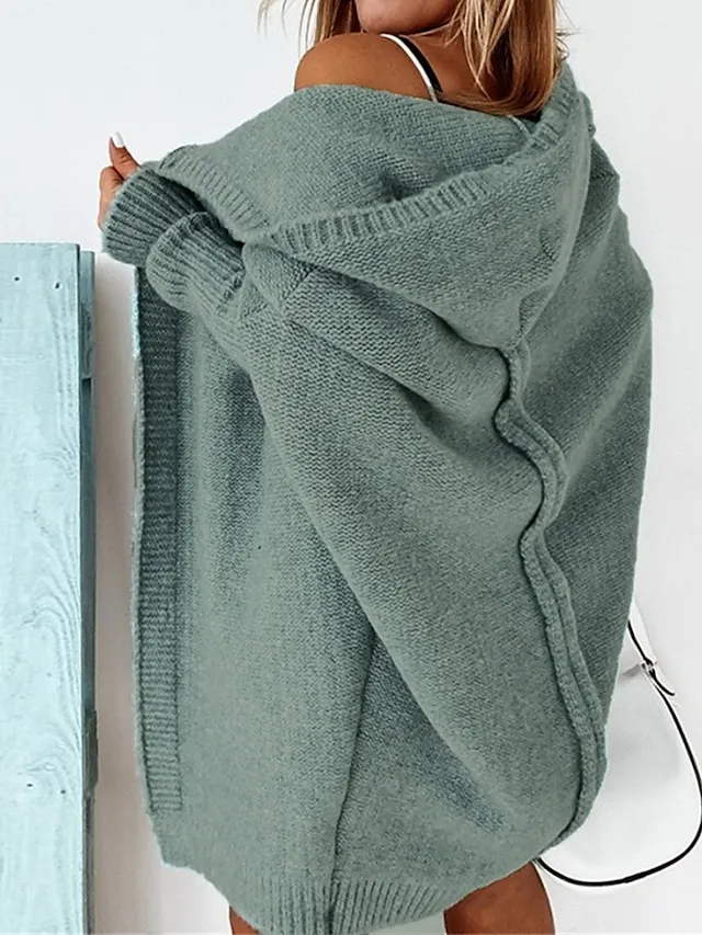 Women's Cardigan Hooded Solid Color Stylish Basic Casual Long Sleeve Loose Sweater Cardigans Hooded