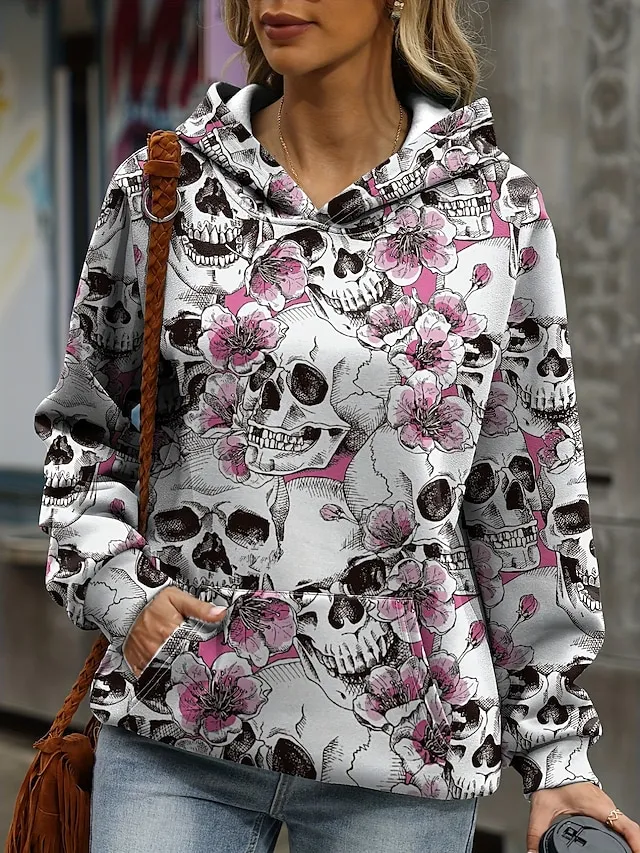 Women's Halloween Sweatshirt Pullover Active Sports Front Pocket Pink Blue Gray Floral Skull Halloween Casual Hoodie Long Sleeve Top Micro-elastic Fall & Winter