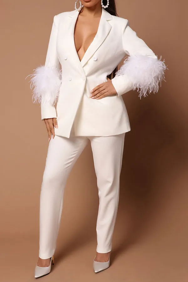  Feather Trim Stylish Pant Suit