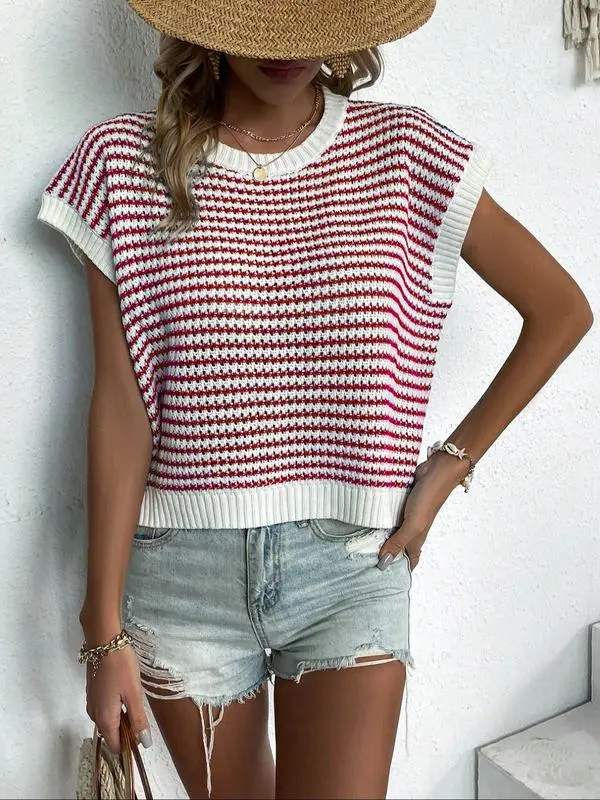 Women's Striped Print Round Neck Knit Top, Vacation Clothes