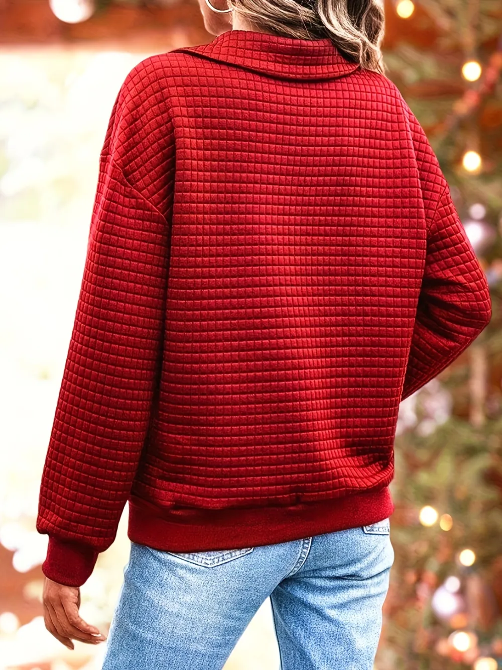Cozy Waffle Knit Pullover Sweatshirt - Chic Quarter-Button, Lapel Collar, Long Sleeve - Perfect for Fall & Winter