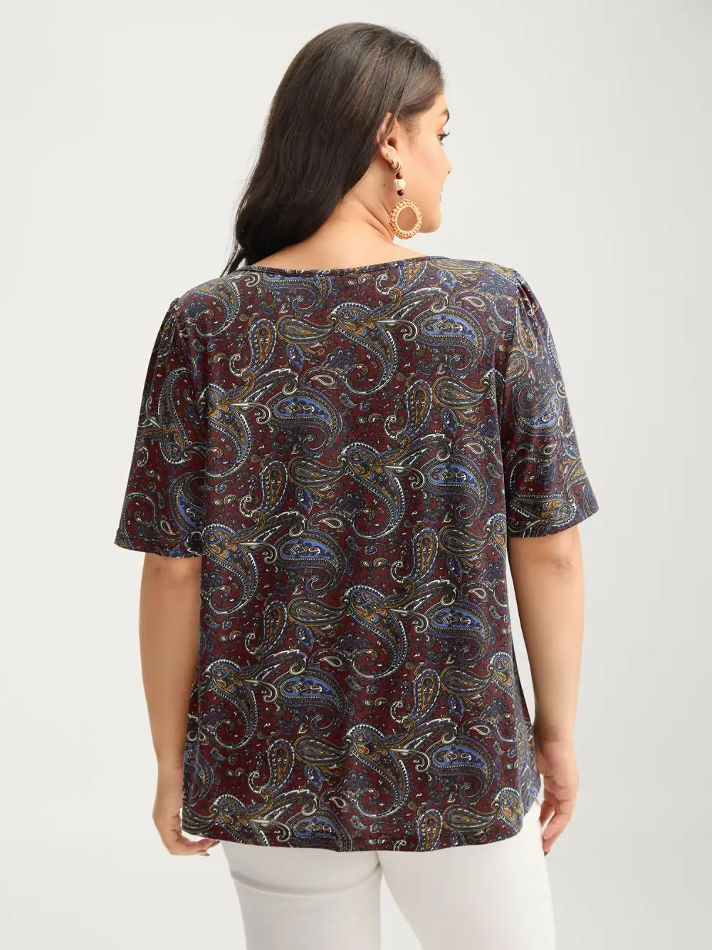 Paisley Print Neck Cut-Out Pleated Top