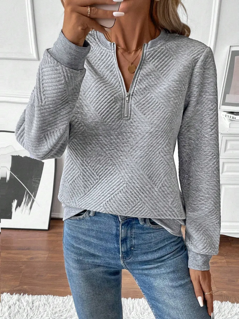 Women's Autumn Sweatshirt, Notched Neckline, Long Sleeve, Regular Shoulder, Ribbed Insert