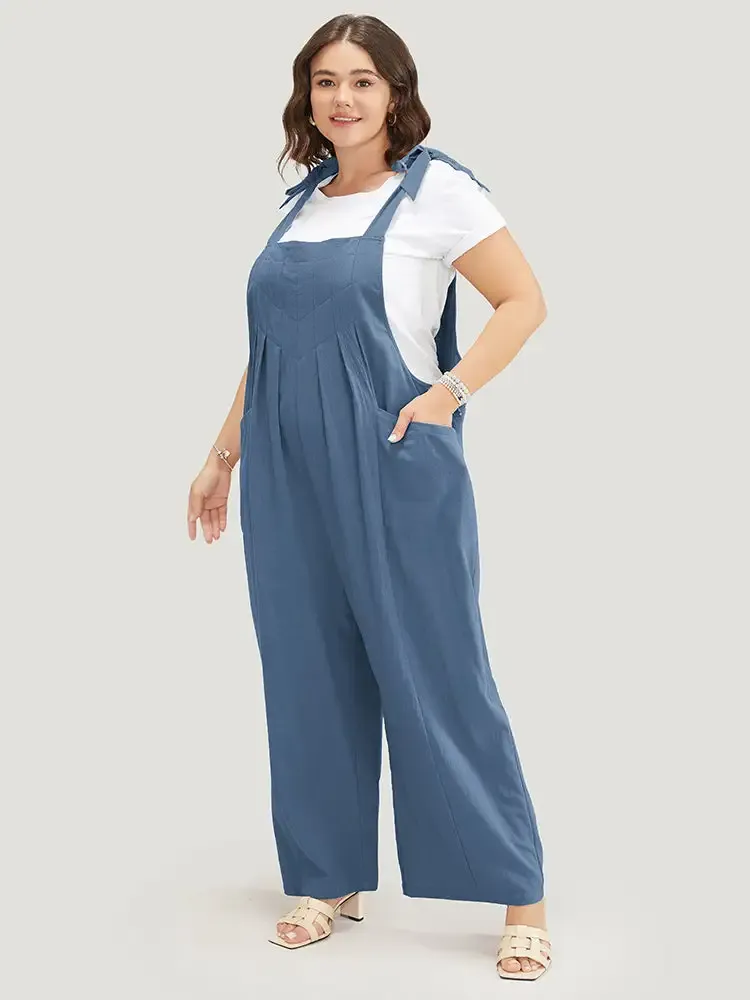 Solid Pleated Detail Pocket Knotted Shoulder Overall Jumpsuit