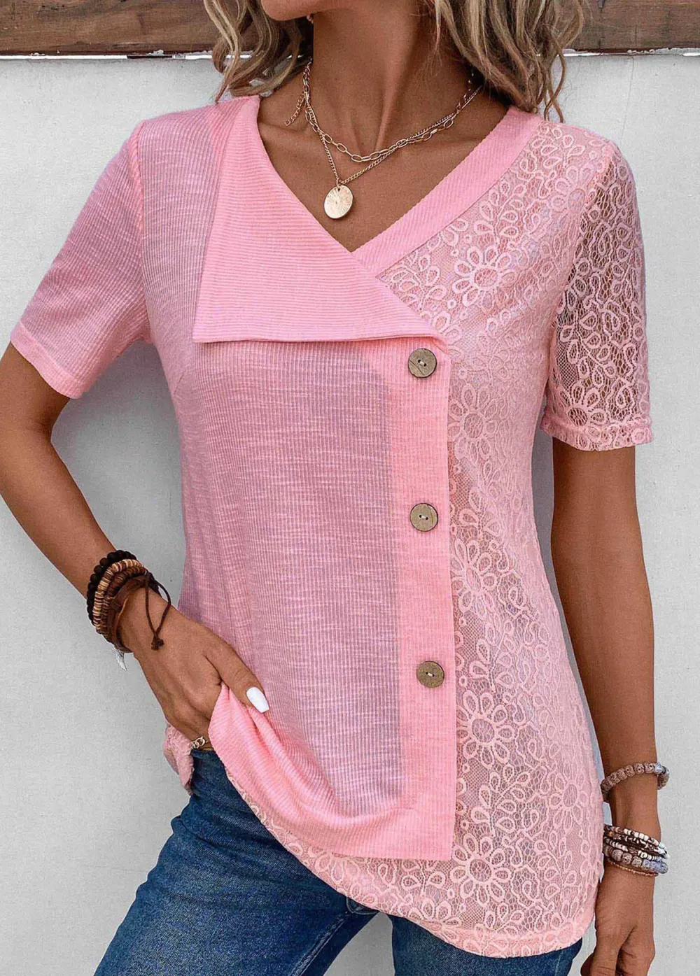 Patchwork Floral Print V Neck T Shirt