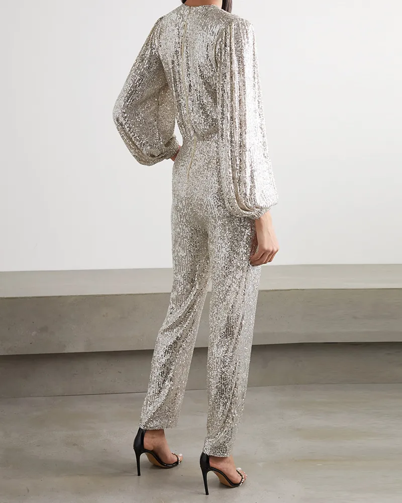 Puff sleeves V-neck shiny jumpsuit