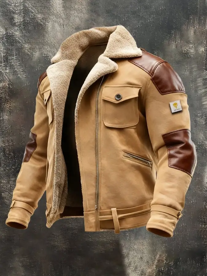 Men's Vintage Suede Splicing Warm Multi-Pocket Outdoor Jacket