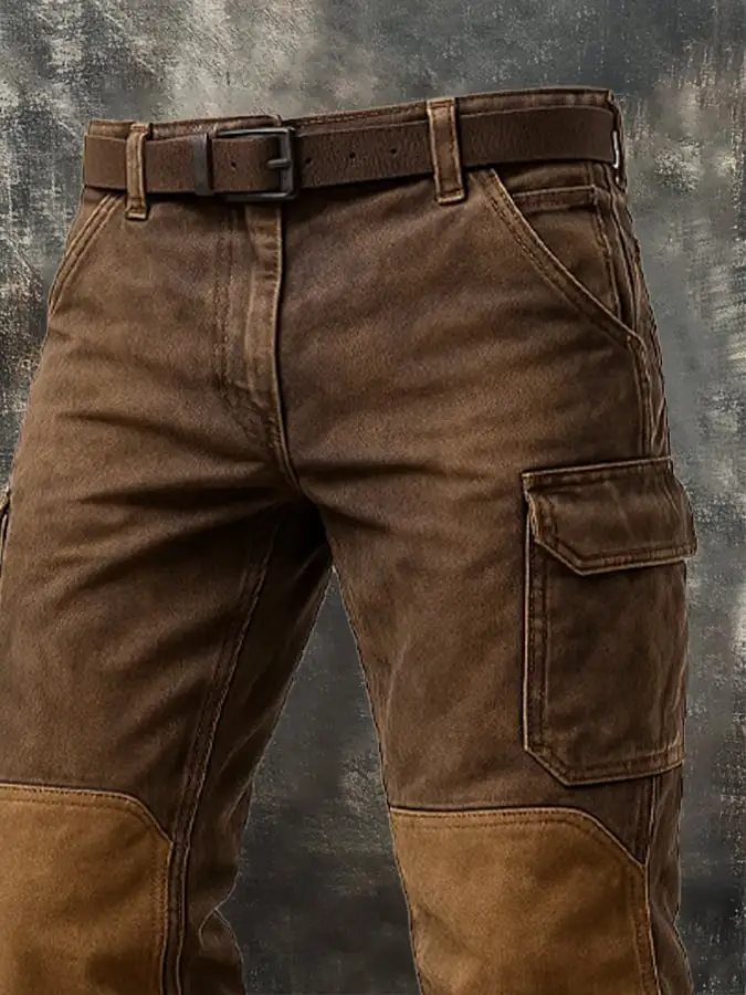 Men's Vintage Outdoor Distressed Adventure Stitching Knee Pads Multi-function Pocket Work Pants