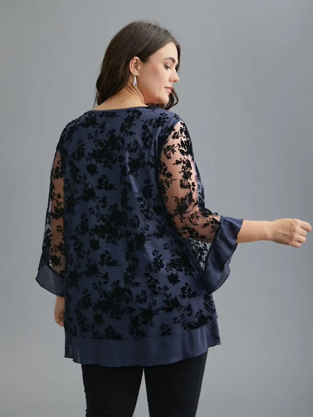 Floral Flocking Mesh Asymmetrical Hem Blouse
