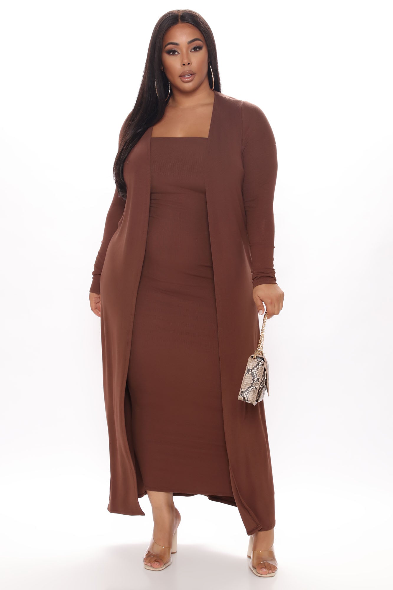Satisfied Ribbed Maxi Dress Set - Brown