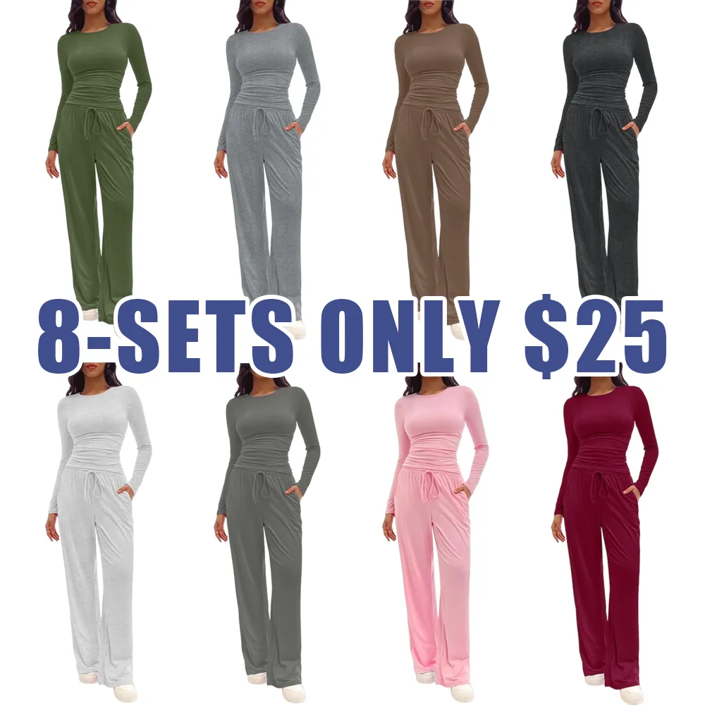 Women's 2-Piece Lounge Set – Solid Ruched Tee & Drawstring Pants, Casual Everyday Sleepwear.