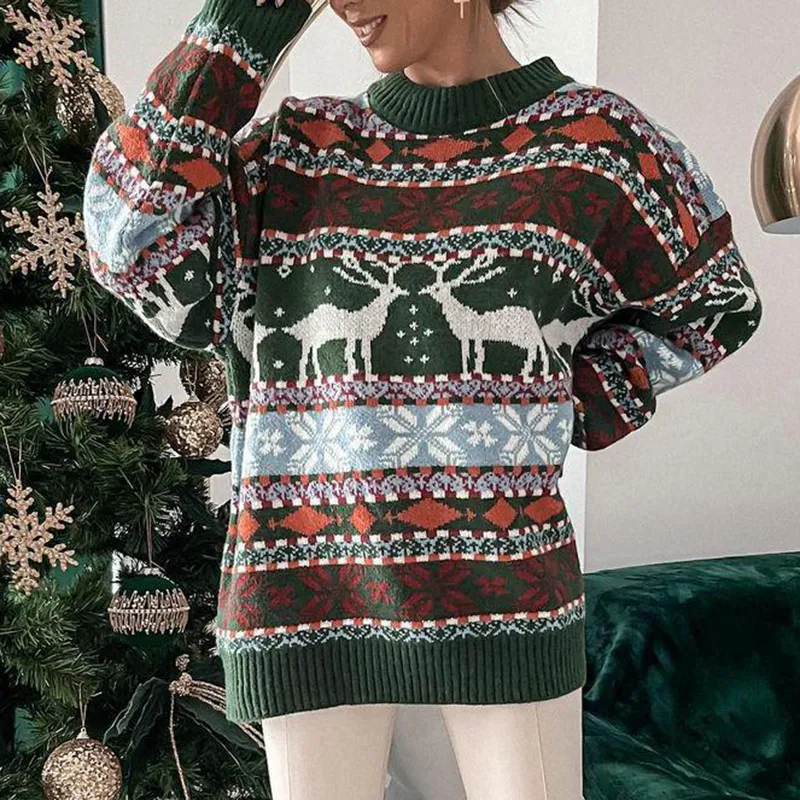 Christmas Snowflake Animal Round Neck Long Sleeve Casual Sweater