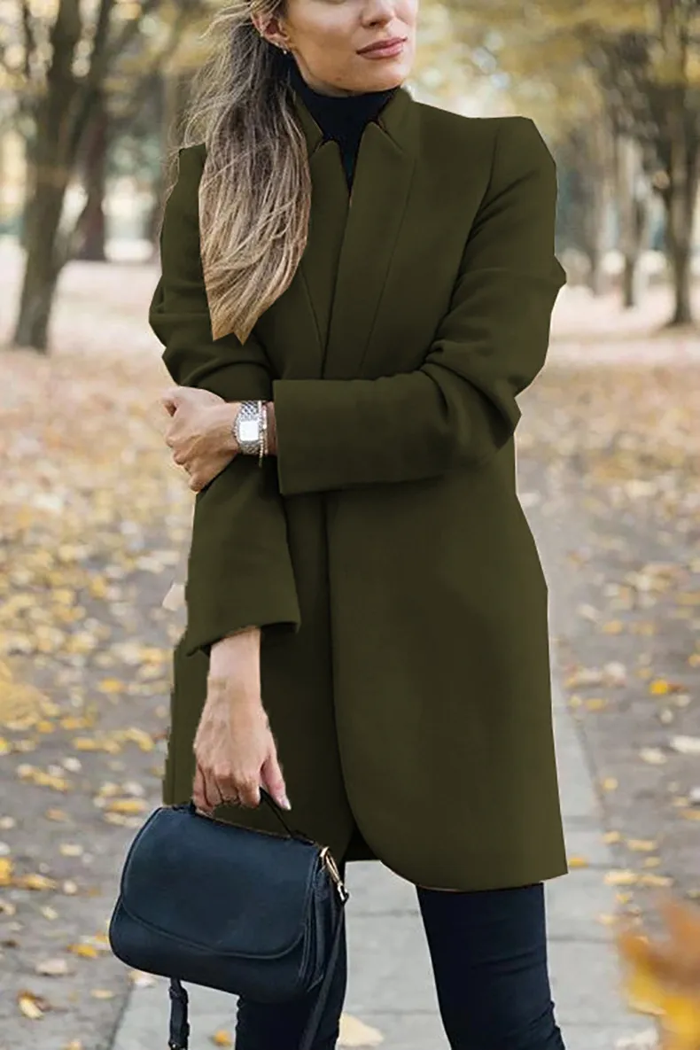 Solid standing collar slim long faux woolen coat