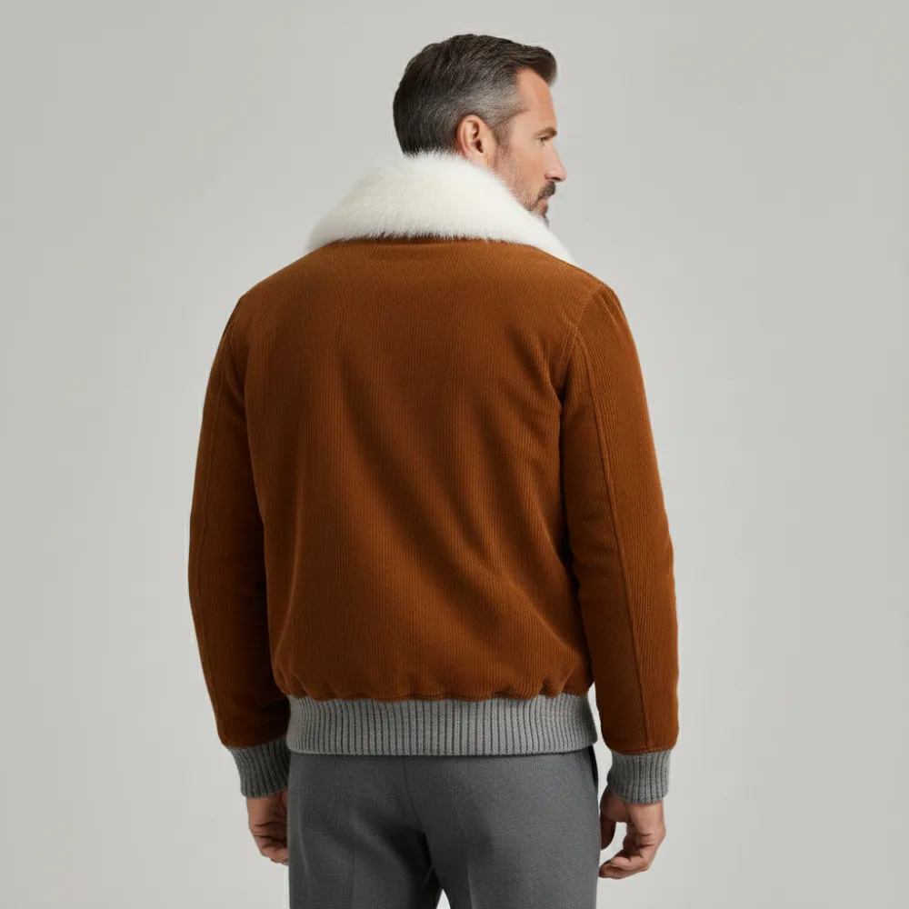 Men's Brown Corduroy Furry Collar Long Sleeve Knit Cuffs Flap Pockets Jacket