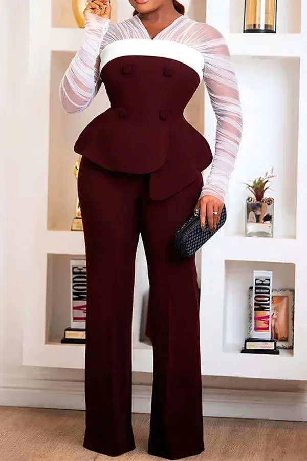 Colorblock Sheer Mesh Patchwork Peplum Pant Set