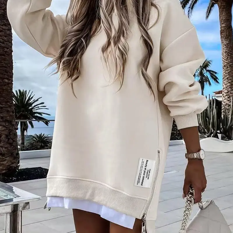 Womens Long Sleeve Zipper Slit Sweatshirt Dress