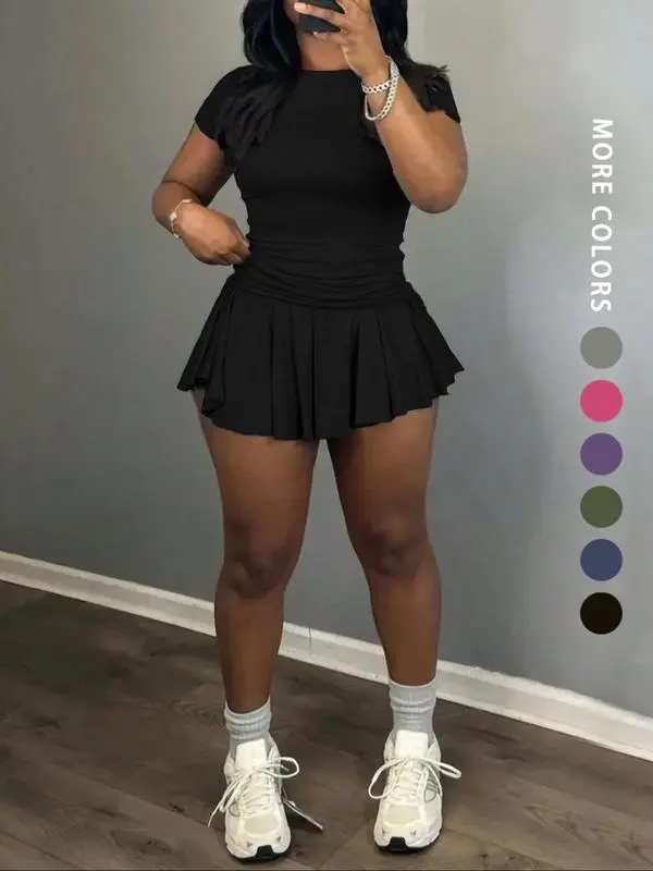 Casual Summer Skirt Set for Women – Tee & Pleated Skirt