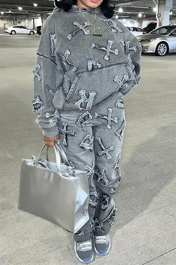 Imitation Denim Print Casual Pocket Hooded Pant Set