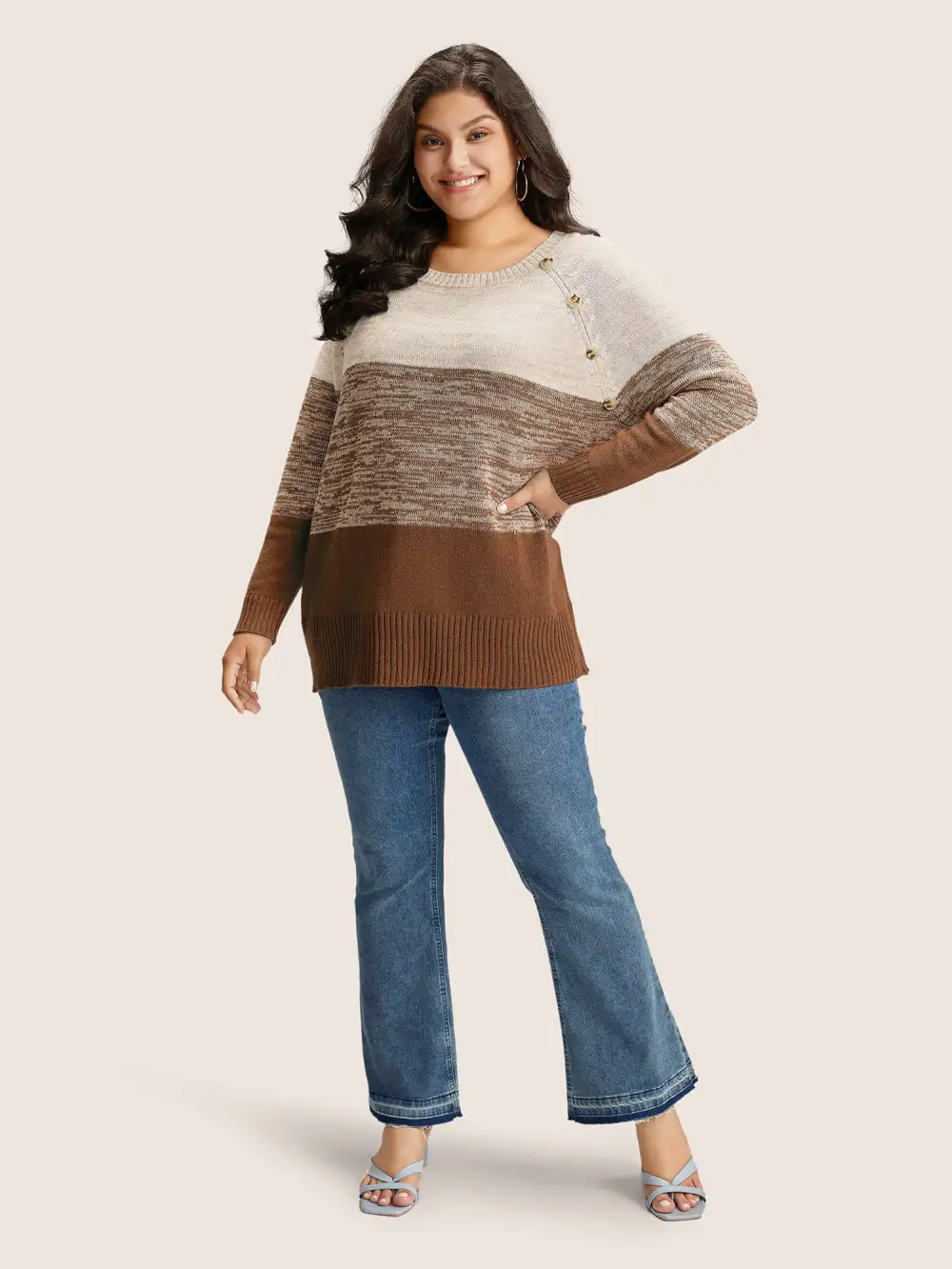 Colorblock Contrast Heather Button Detail Pullover