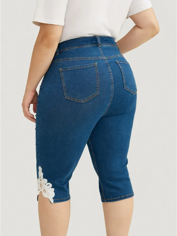 Very Stretchy High Rise Medium Wash Guipure Lace Knee Denim Shorts