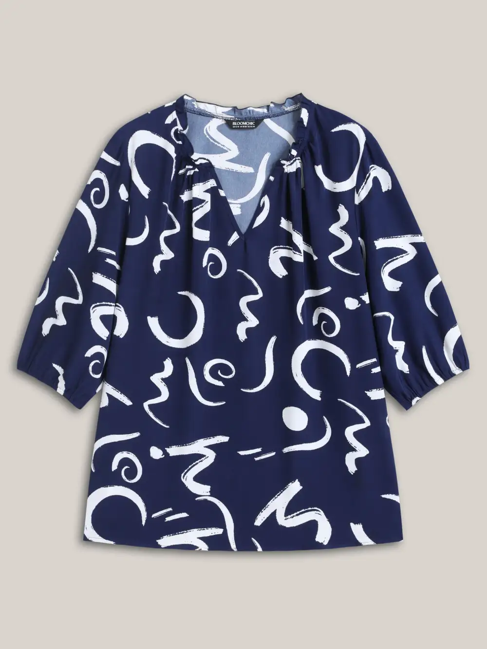 Scribble Print Ruffled Split Neck Blouse