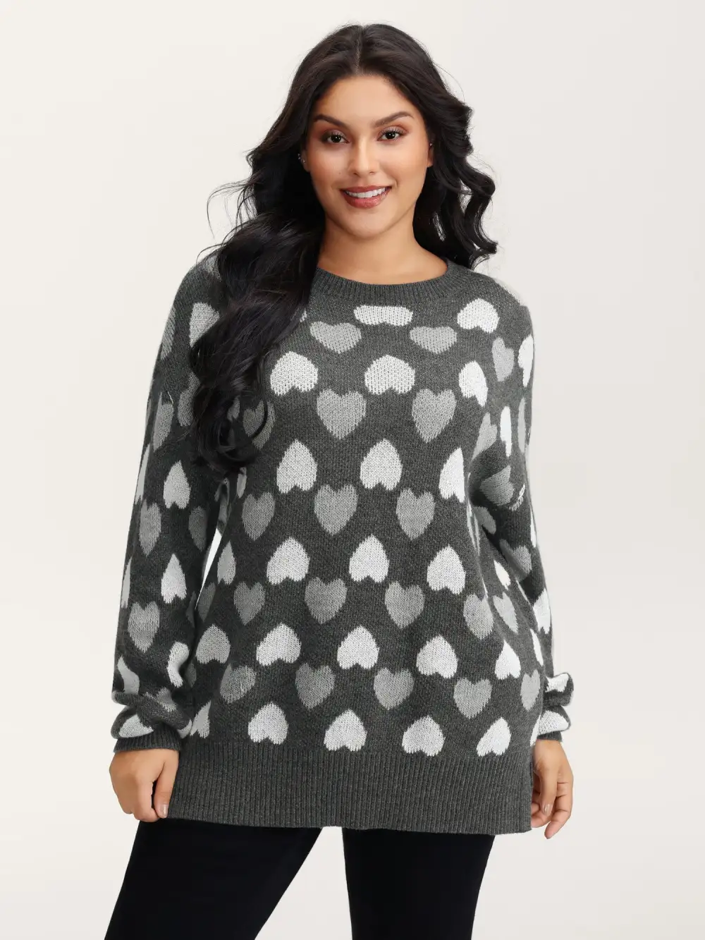 Monochrome Hearts Slit Round Neck Pullover