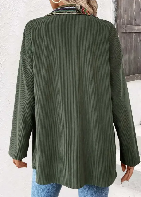 Green Corduroy Tribal Print Long Sleeve Coat