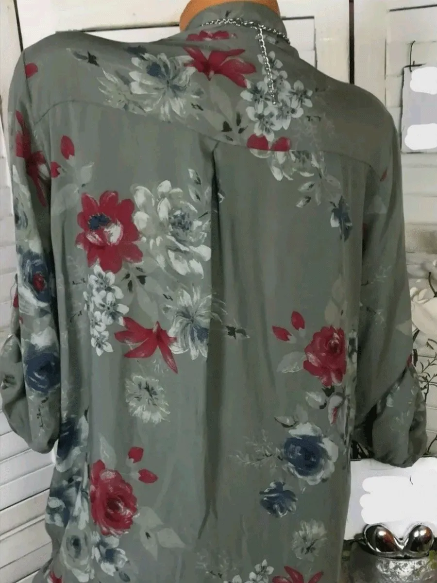 Cotton V-Neck Button Floral Printed Tops