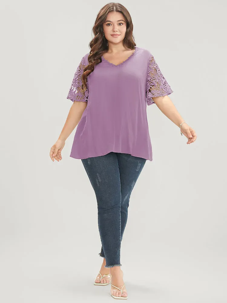 Plain V Neck Floral Patchwork Blouse