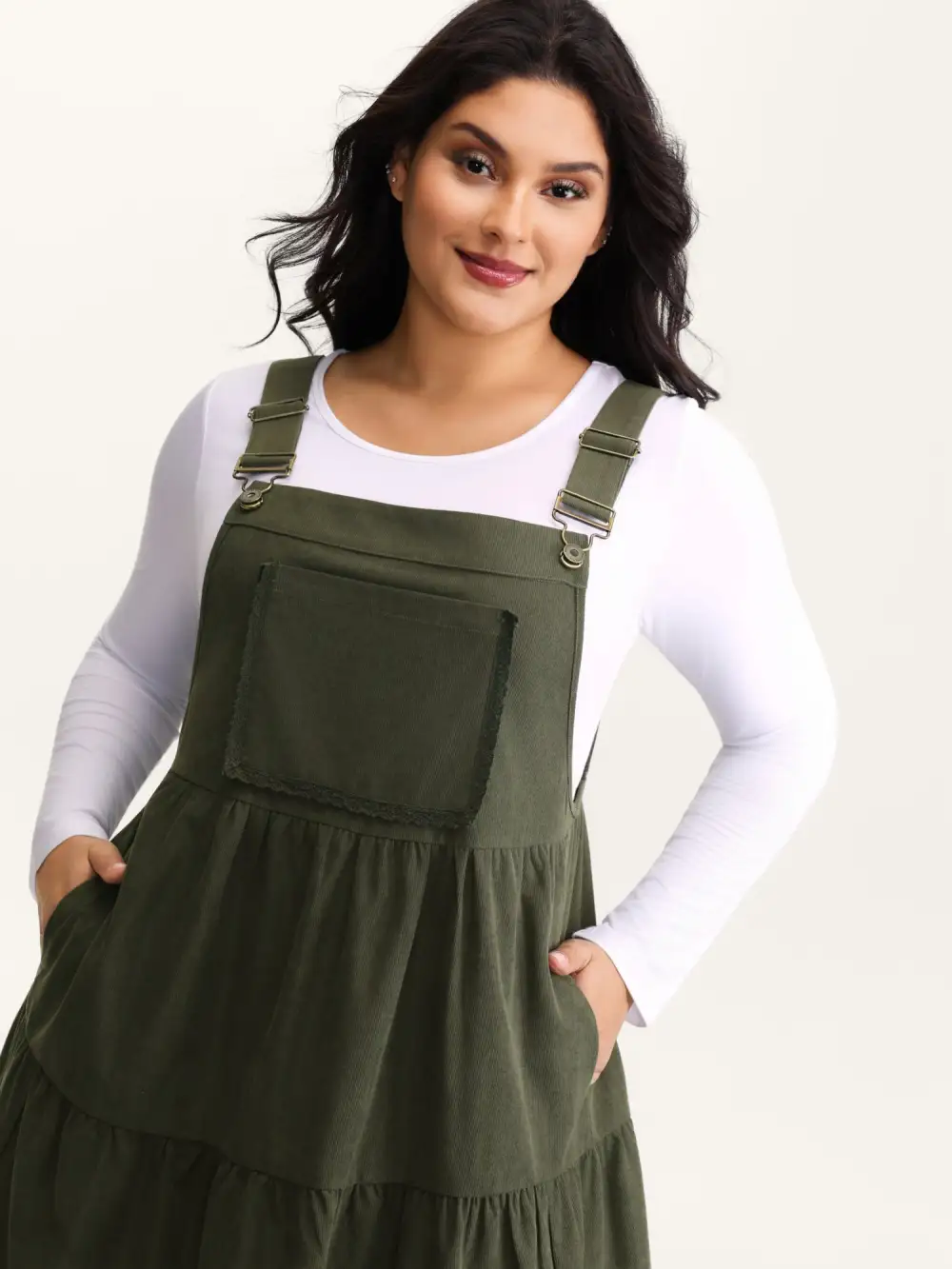 Corduroy Lace Trim Overall Strap Midi Dress