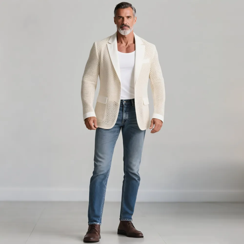 Men's Hollow Crochet Knit Notch Lapel Two Button Long Sleeve Blazer