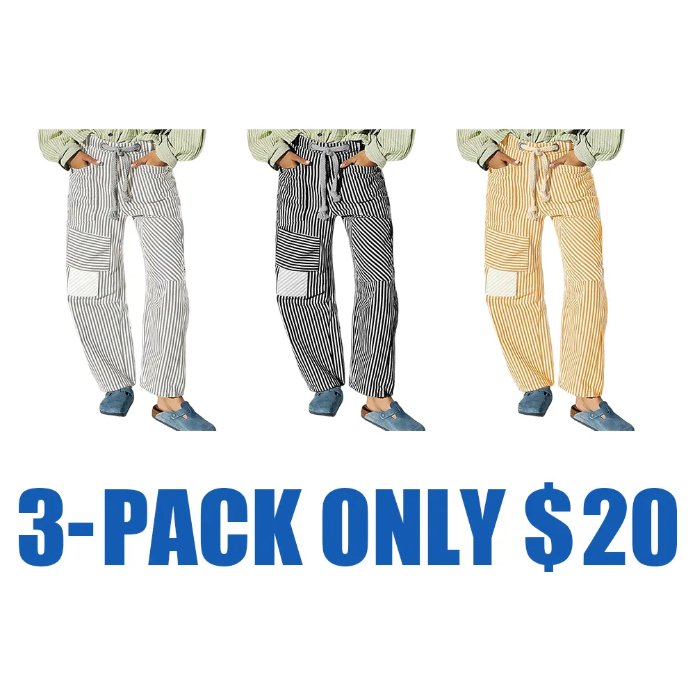 Women's Striped Wide Leg Pants with Pockets – Elastic Waist Drawstring Loose Trousers, Patchwork Casual Style