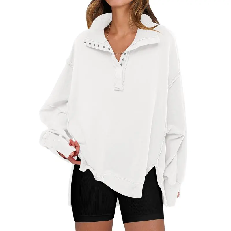 Women's Sweatshirts Oversized Casual Loose Button Up Henley Pullover Top High Low Split Fall Fashion Outfits