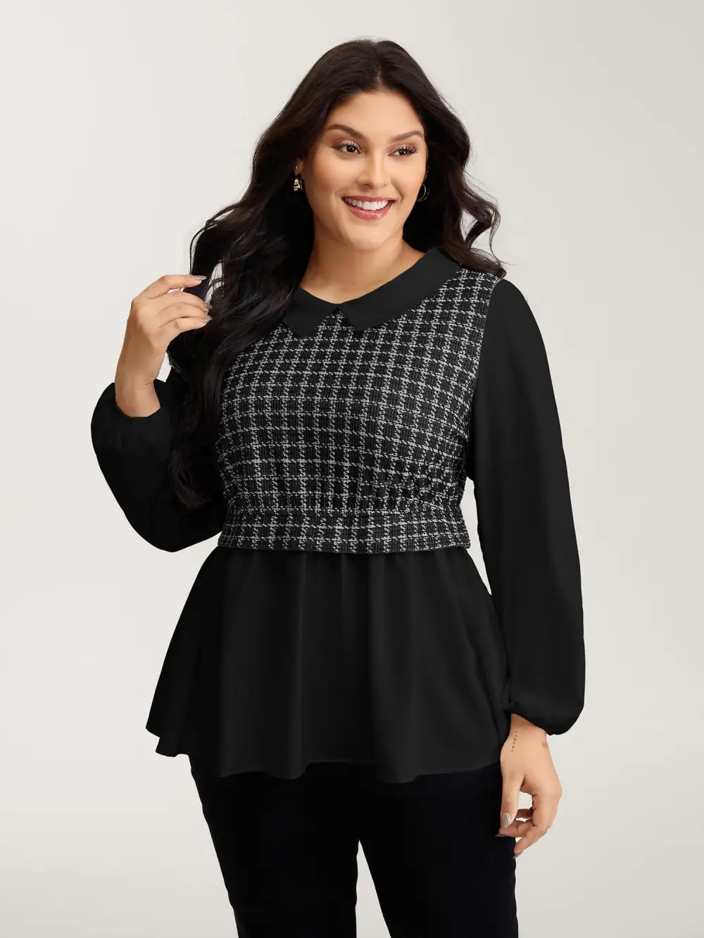 Houndstooth Pattern Color Contrast Blouse