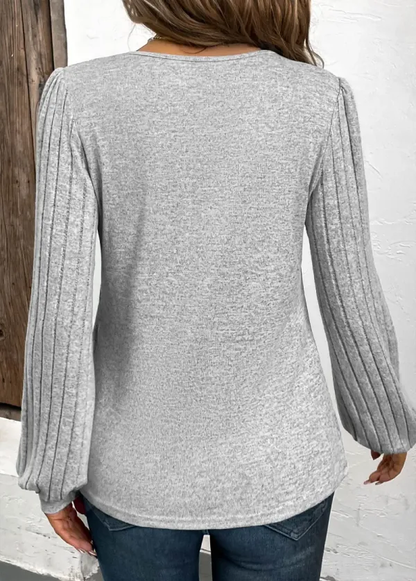 Light Grey Button Long Sleeve V Neck T Shirt