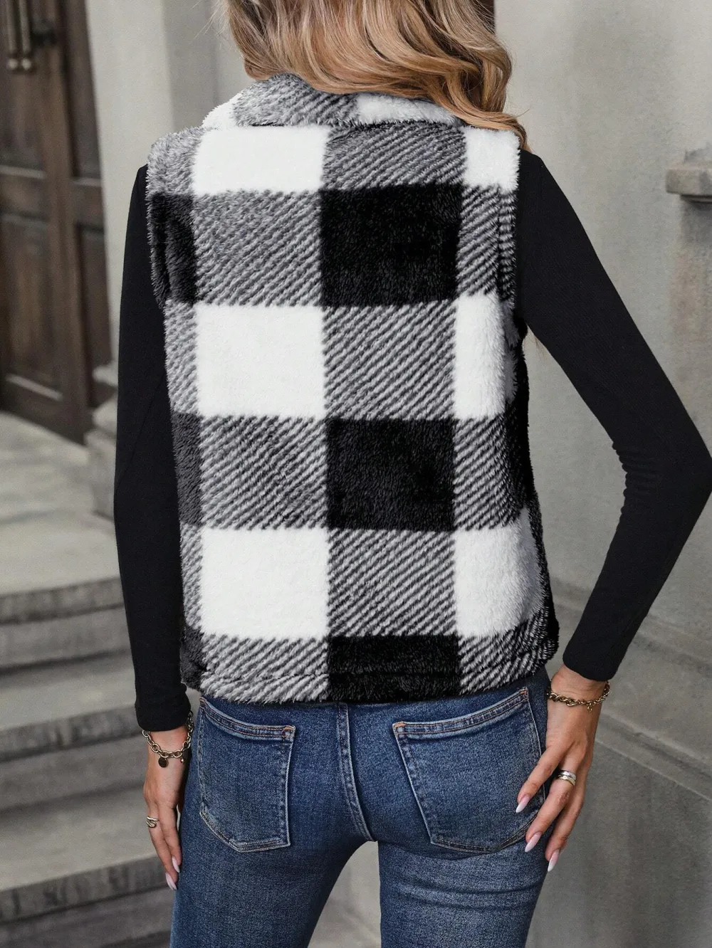 Buffalo Plaid Pattern Zipper Teddy Vest Jacket