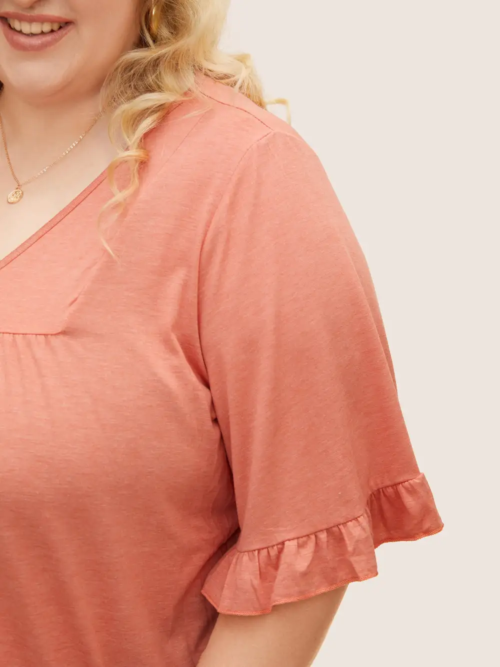 Solid Gathered Ruffle Trim Flounce Sleeve T-shirt