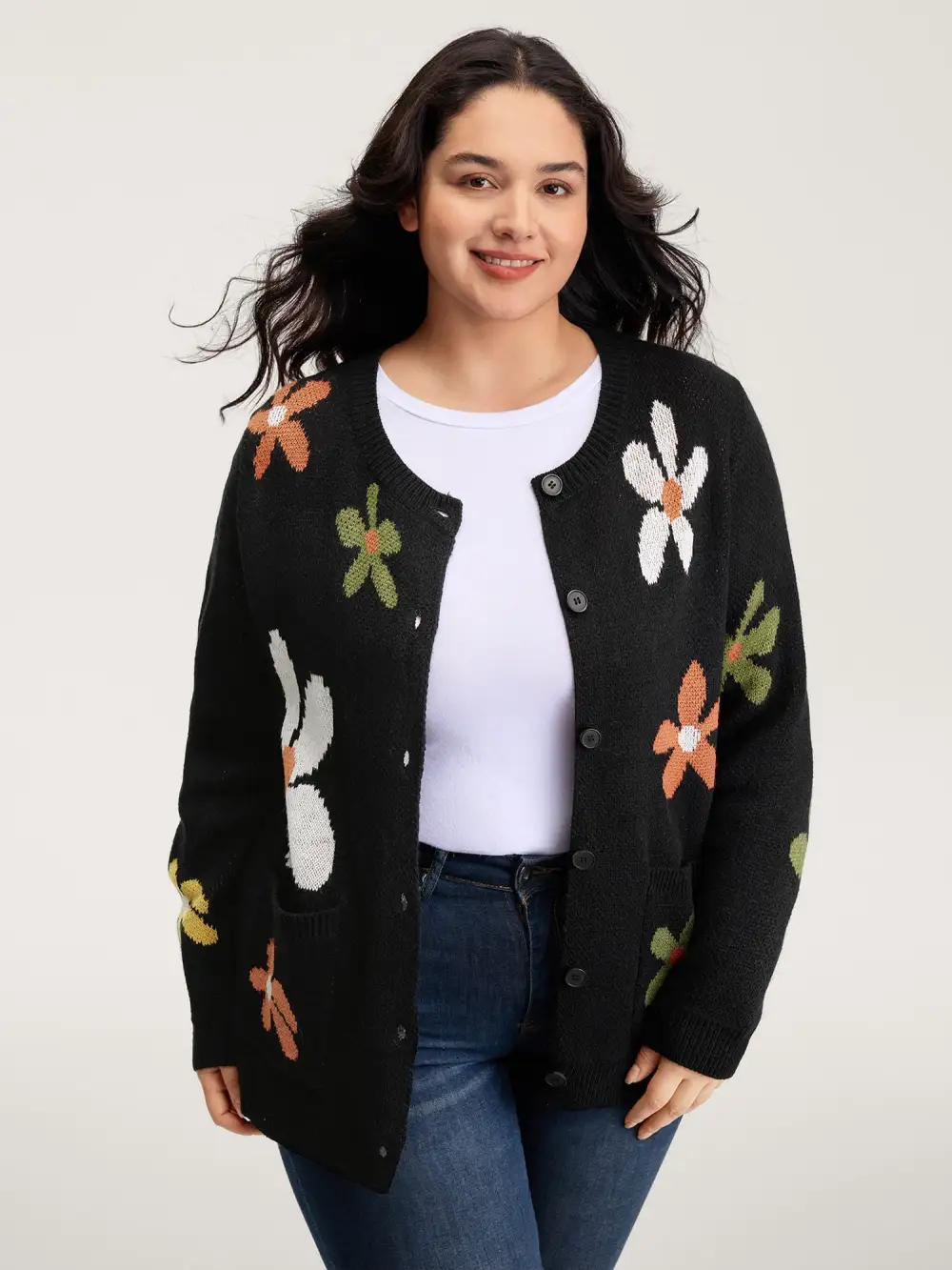 Floral Pattern Button-Down Knit Cardigan