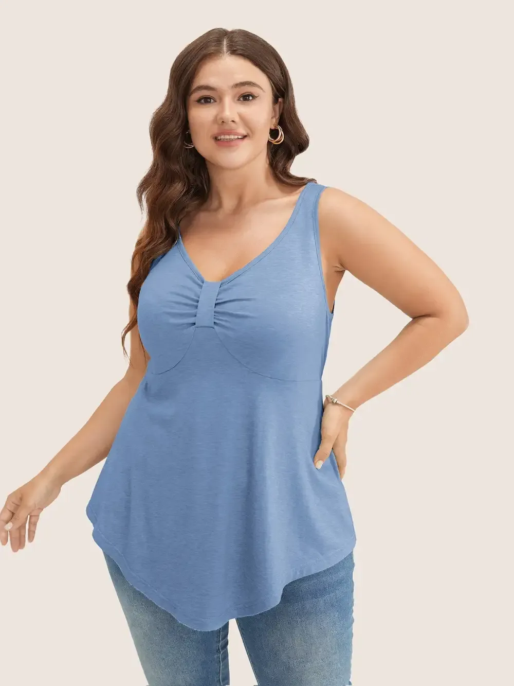 Solid Ruched Detail Asymmetrical Hem Tank Top